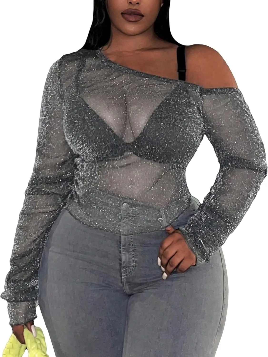 SOLY HUX Women's Plus Size T Shirts See Through Sheer Tops Off The Shoulder Long Sleeve Sexy Sparkly Tee