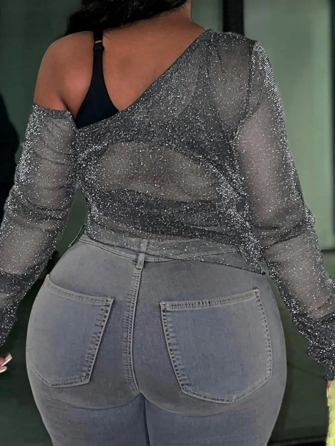 SOLY HUX Women's Plus Size T Shirts See Through Sheer Tops Off The Shoulder Long Sleeve Sexy Sparkly Tee