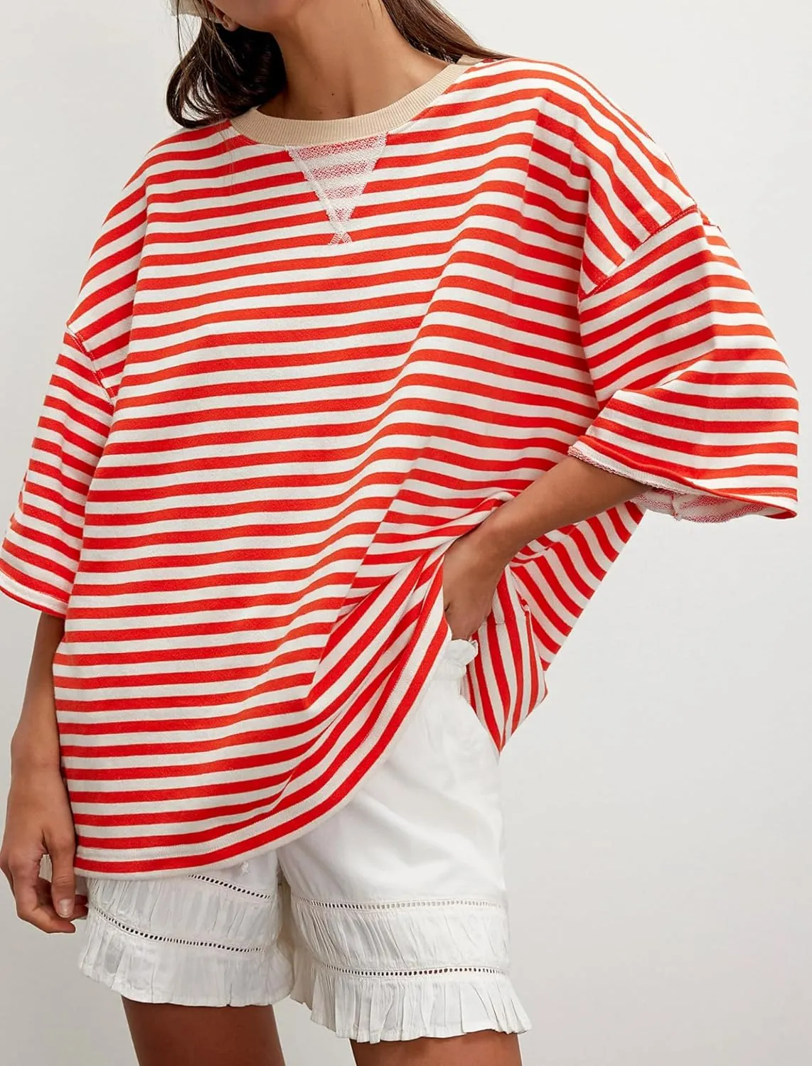Striped 3/4 Sleeve Sweatshirts Women Oversized Color Block Crewneck T Shirt 2025 Summer Loose Fit Tee Tops Y2K Clothes