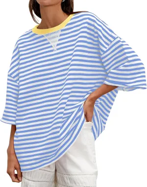 Striped 3/4 Sleeve Sweatshirts Women Oversized Color Block Crewneck T Shirt 2025 Summer Loose Fit Tee Tops Y2K Clothes