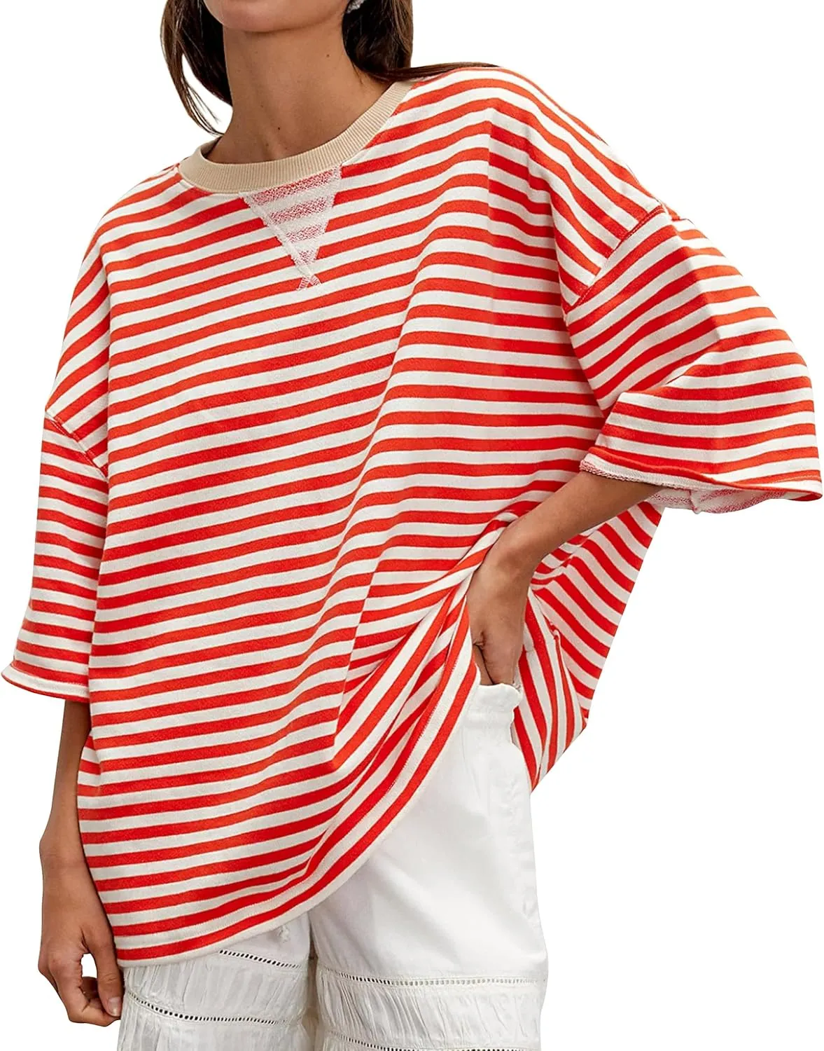Striped 3/4 Sleeve Sweatshirts Women Oversized Color Block Crewneck T Shirt 2025 Summer Loose Fit Tee Tops Y2K Clothes