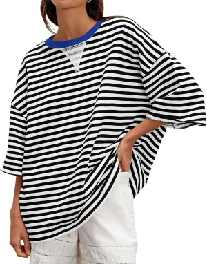 Striped 3/4 Sleeve Sweatshirts Women Oversized Color Block Crewneck T Shirt 2025 Summer Loose Fit Tee Tops Y2K Clothes