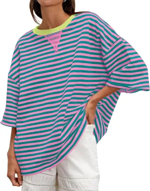 Striped 3/4 Sleeve Sweatshirts Women Oversized Color Block Crewneck T Shirt 2025 Summer Loose Fit Tee Tops Y2K Clothes