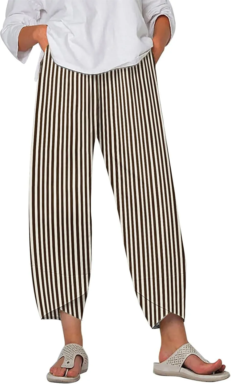 Striped Linen Pants for Women Summer Wide Leg Cropped Palazzo Trousers Casual Comfy Capri Baggy Pants with Pockets