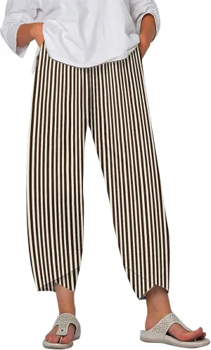 Striped Linen Pants for Women Summer Wide Leg Cropped Palazzo Trousers Casual Comfy Capri Baggy Pants with Pockets