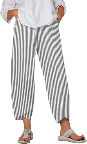 Striped Linen Pants for Women Summer Wide Leg Cropped Palazzo Trousers Casual Comfy Capri Baggy Pants with Pockets