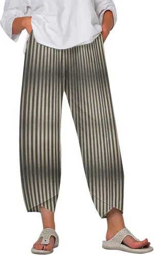 Striped Linen Pants for Women Summer Wide Leg Cropped Palazzo Trousers Casual Comfy Capri Baggy Pants with Pockets