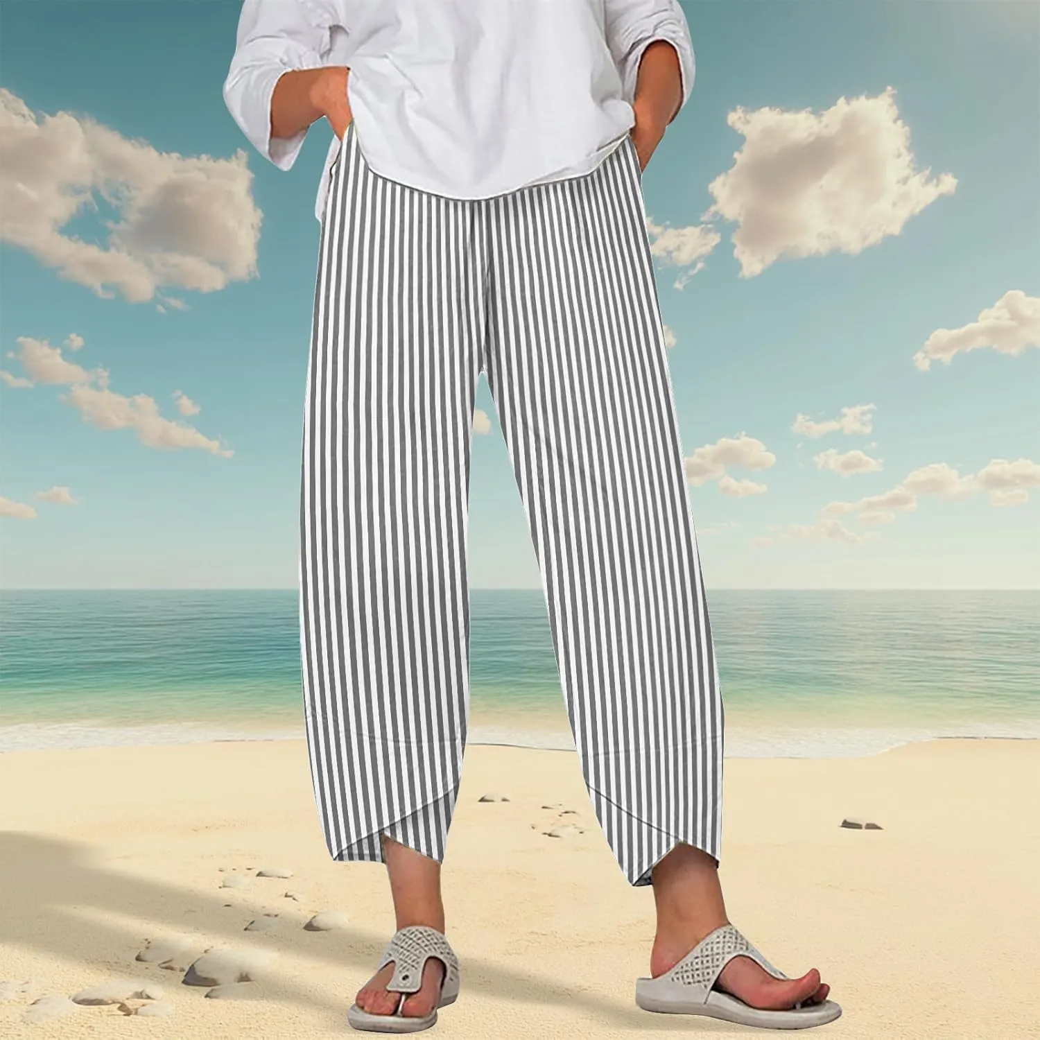 Striped Linen Pants for Women Summer Wide Leg Cropped Palazzo Trousers Casual Comfy Capri Baggy Pants with Pockets