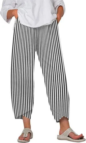 Striped Linen Pants for Women Summer Wide Leg Cropped Palazzo Trousers Casual Comfy Capri Baggy Pants with Pockets