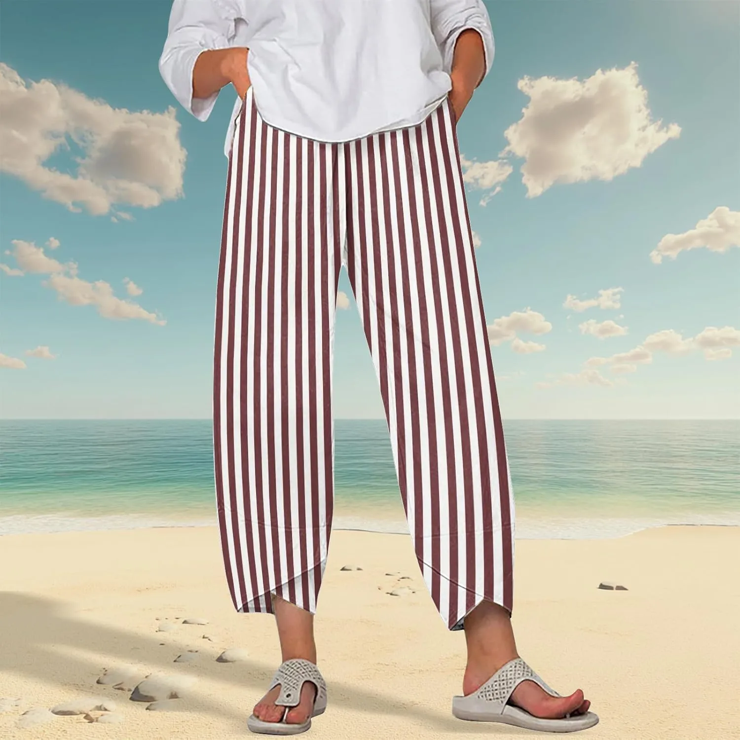 Striped Linen Pants for Women Summer Wide Leg Cropped Palazzo Trousers Casual Comfy Capri Baggy Pants with Pockets