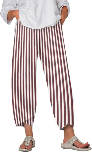 Striped Linen Pants for Women Summer Wide Leg Cropped Palazzo Trousers Casual Comfy Capri Baggy Pants with Pockets