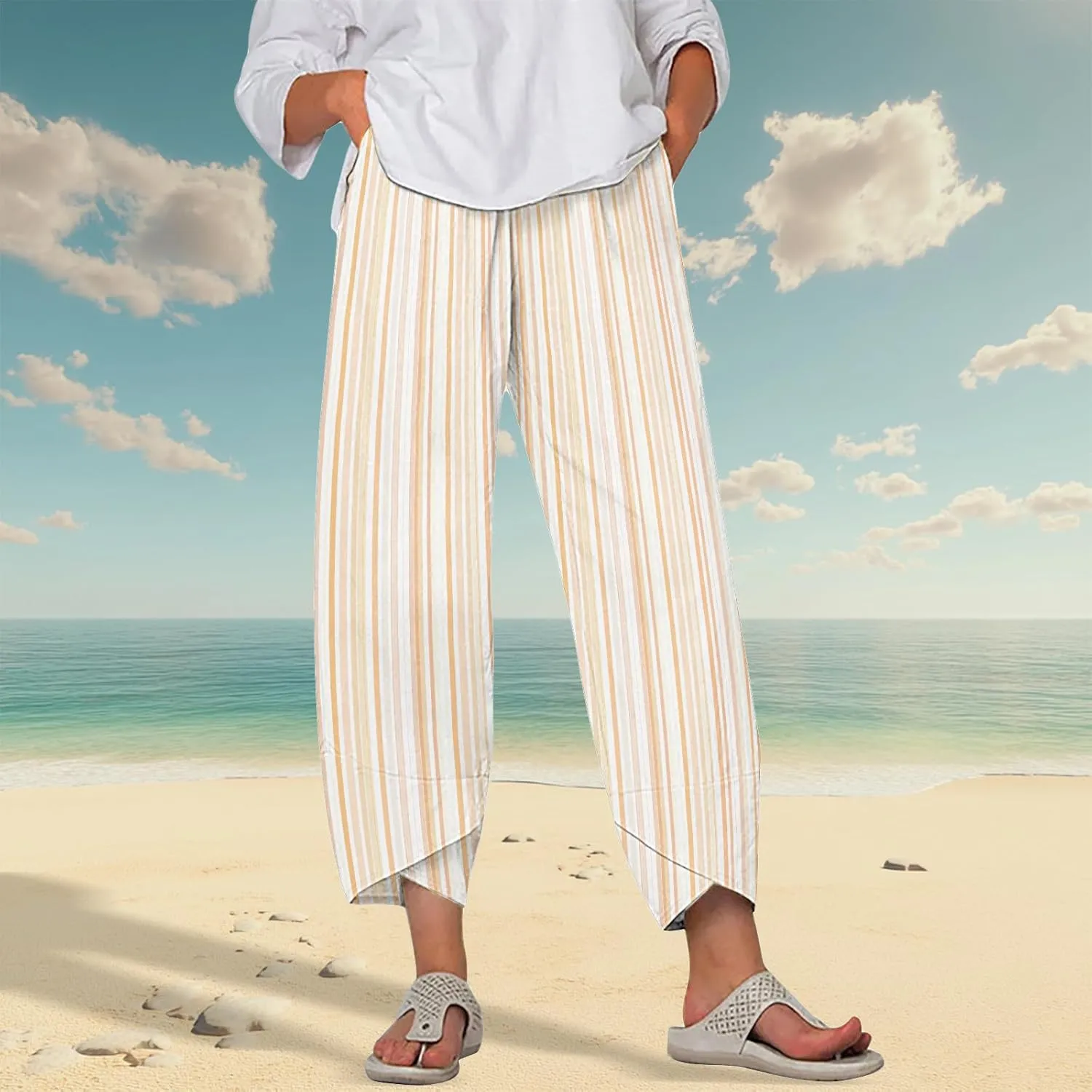 Striped Linen Pants for Women Summer Wide Leg Cropped Palazzo Trousers Casual Comfy Capri Baggy Pants with Pockets
