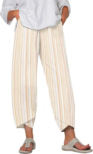 Striped Linen Pants for Women Summer Wide Leg Cropped Palazzo Trousers Casual Comfy Capri Baggy Pants with Pockets