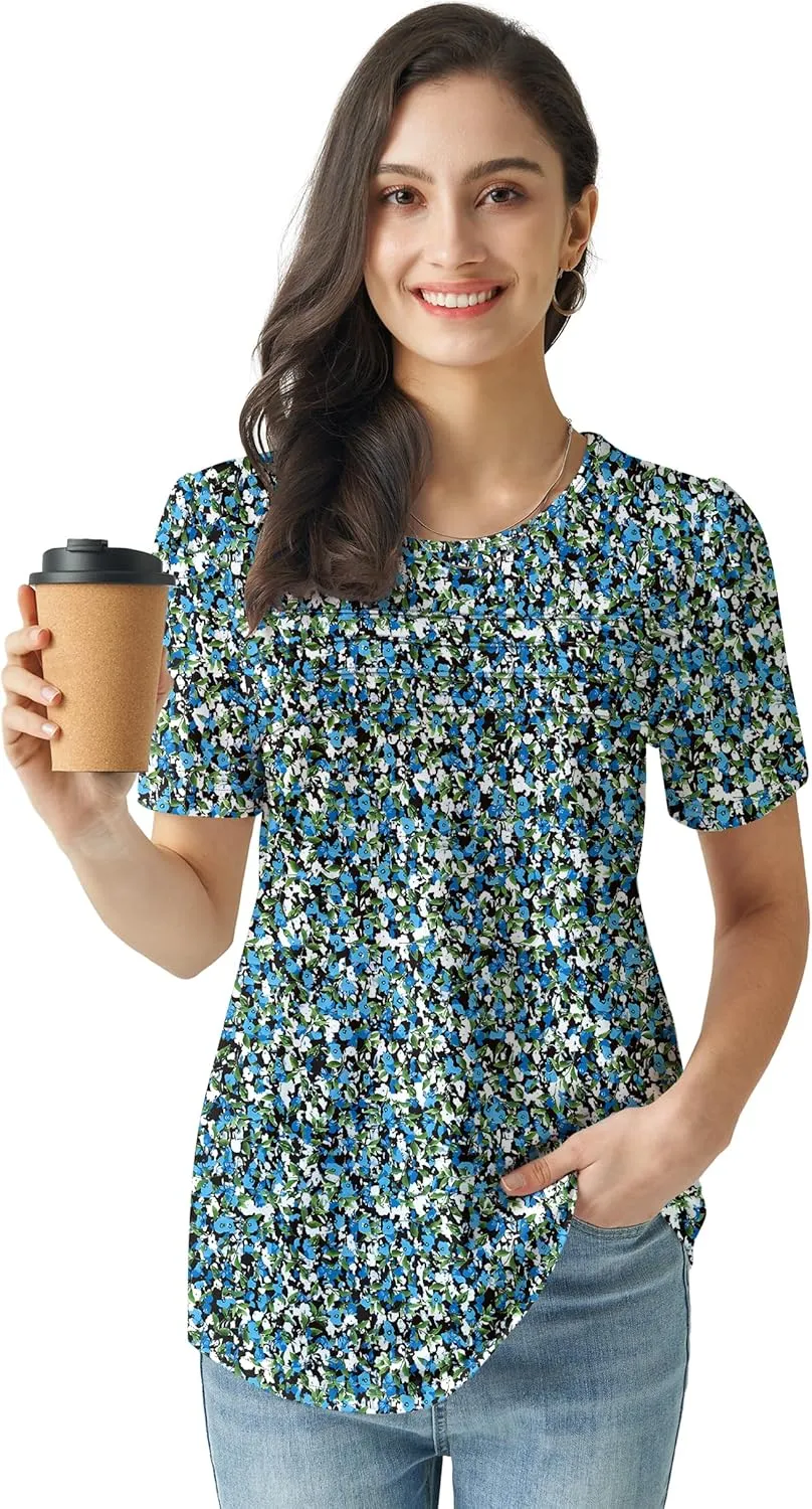Summer Tops for Women 2025 Dressy Casual Short Puff Sleeve T Shirts Trendy Pleated Front Crew Neck