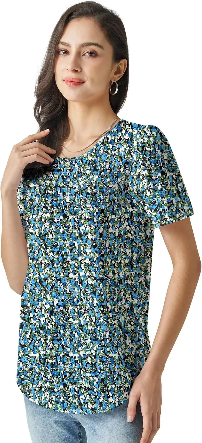 Summer Tops for Women 2025 Dressy Casual Short Puff Sleeve T Shirts Trendy Pleated Front Crew Neck
