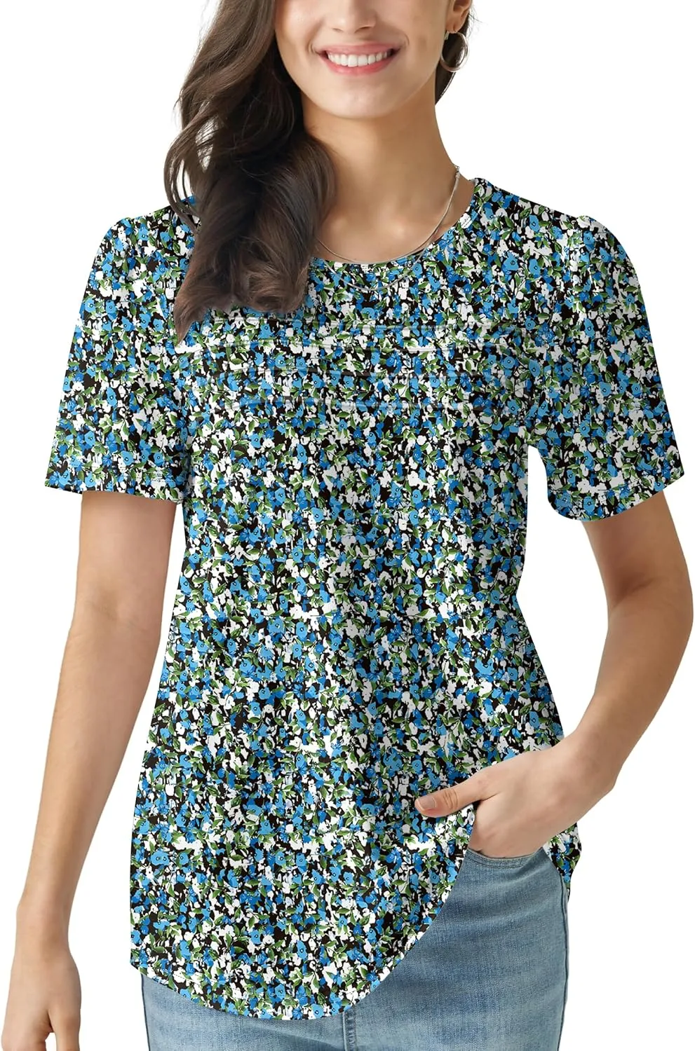 Summer Tops for Women 2025 Dressy Casual Short Puff Sleeve T Shirts Trendy Pleated Front Crew Neck