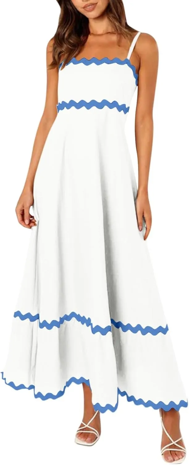 Sundresses For Women, Boho Dresses For Women 2024 Linen Dress Women Spaghetti Straps Sleeveless Backless Sundress Flowy Smocked Lace Swing A Line Midi Dress Plus Size Dress For (3-Light blue,X-L)