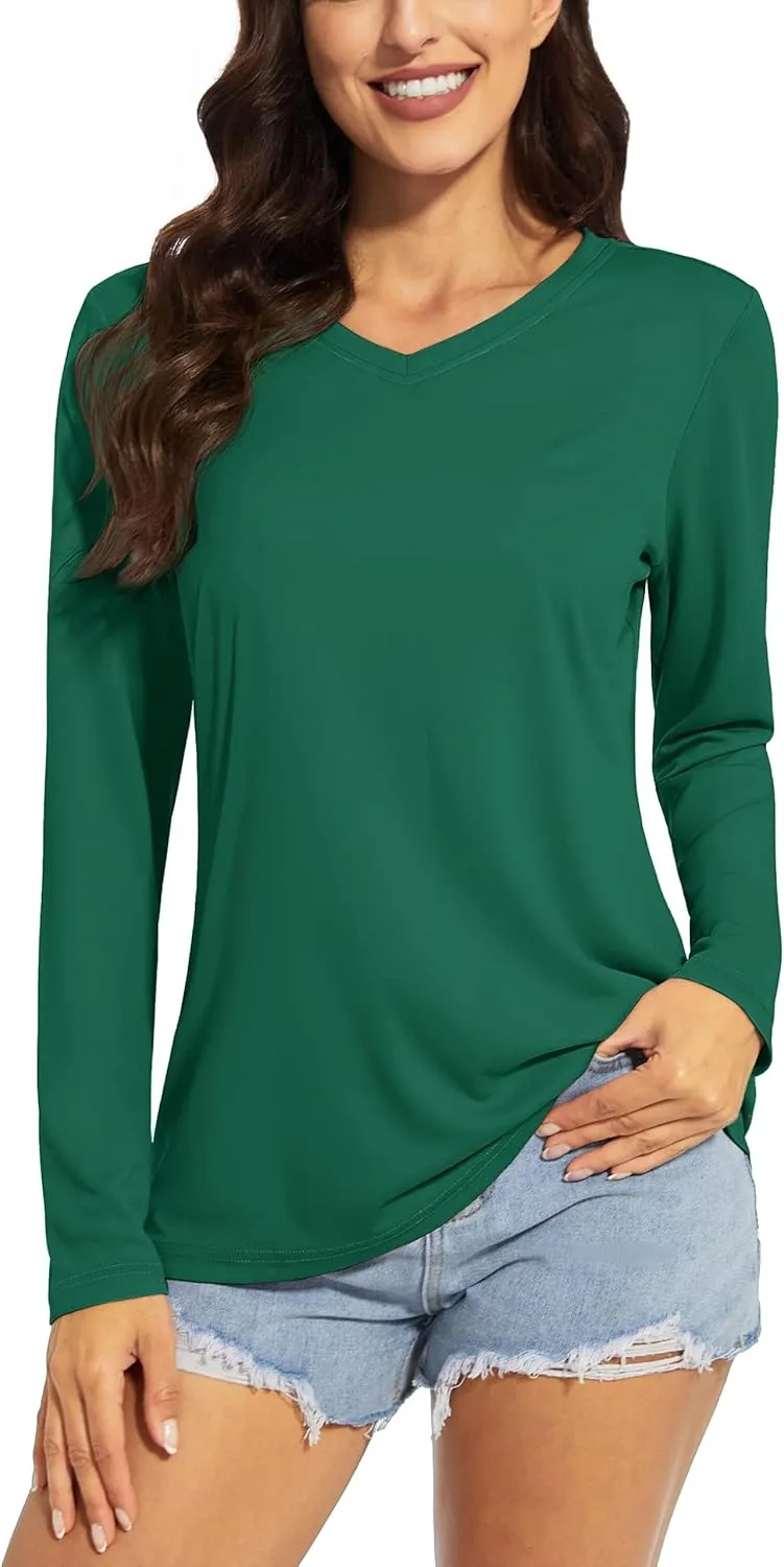 TACVASEN Women's Long Sleeve V Neck Workout Tops UPF 50  Sun Protection Quick Dry Lightweight Hiking Running T-Shirts