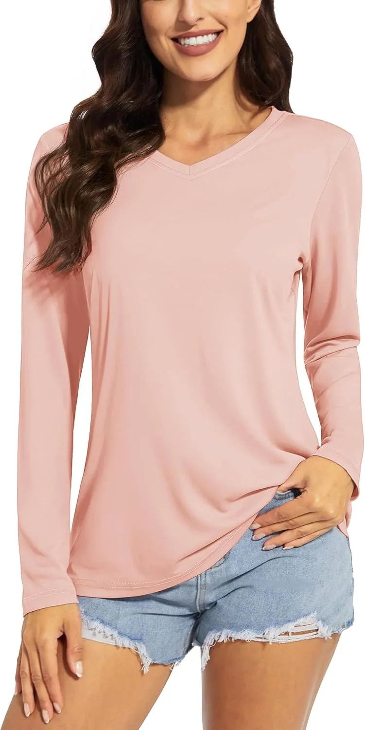 TACVASEN Women's Long Sleeve V Neck Workout Tops UPF 50  Sun Protection Quick Dry Lightweight Hiking Running T-Shirts