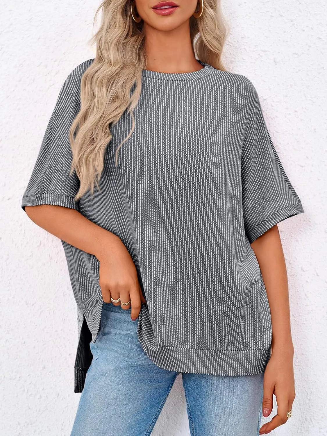 Tankaneo Womens Oversized T Shirts Summer Casual Ribbed Batwing Short Sleeve Tunic Tops Loose Fit Dolman Sleeve Tees