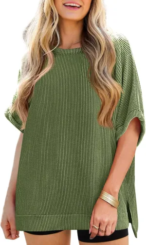 Tankaneo Womens Oversized T Shirts Summer Casual Ribbed Batwing Short Sleeve Tunic Tops Loose Fit Dolman Sleeve Tees