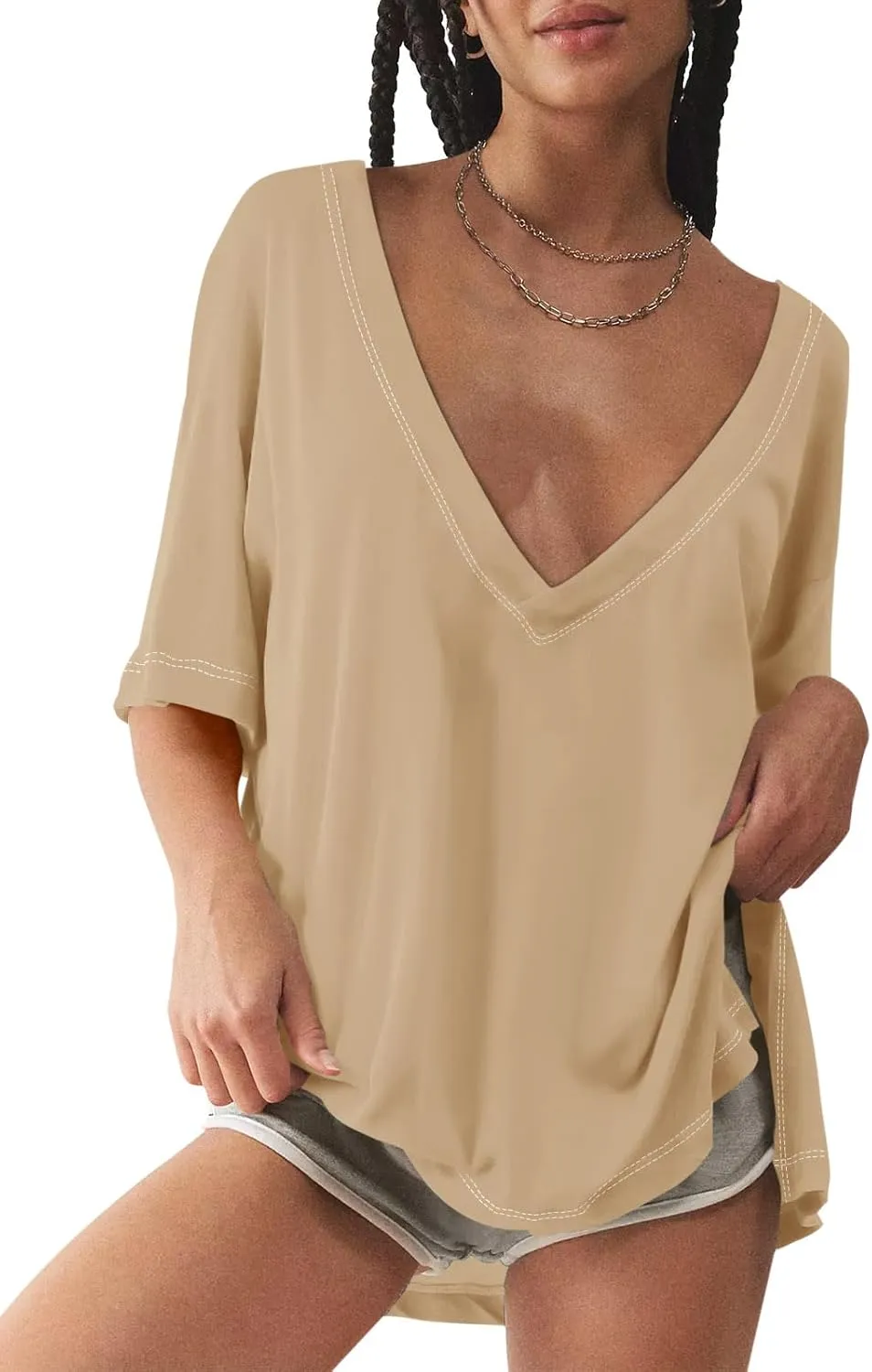 Tankaneo Womens Oversized Tshirts Deep V Neck Short Sleeve Tops Summer Casual Loose Fit Side Slit Tunic Shirts