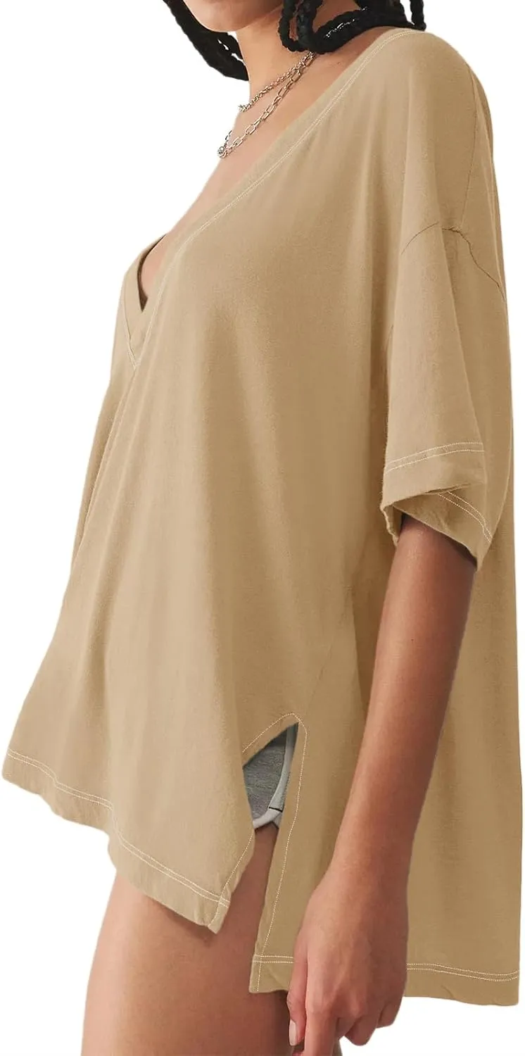 Tankaneo Womens Oversized Tshirts Deep V Neck Short Sleeve Tops Summer Casual Loose Fit Side Slit Tunic Shirts