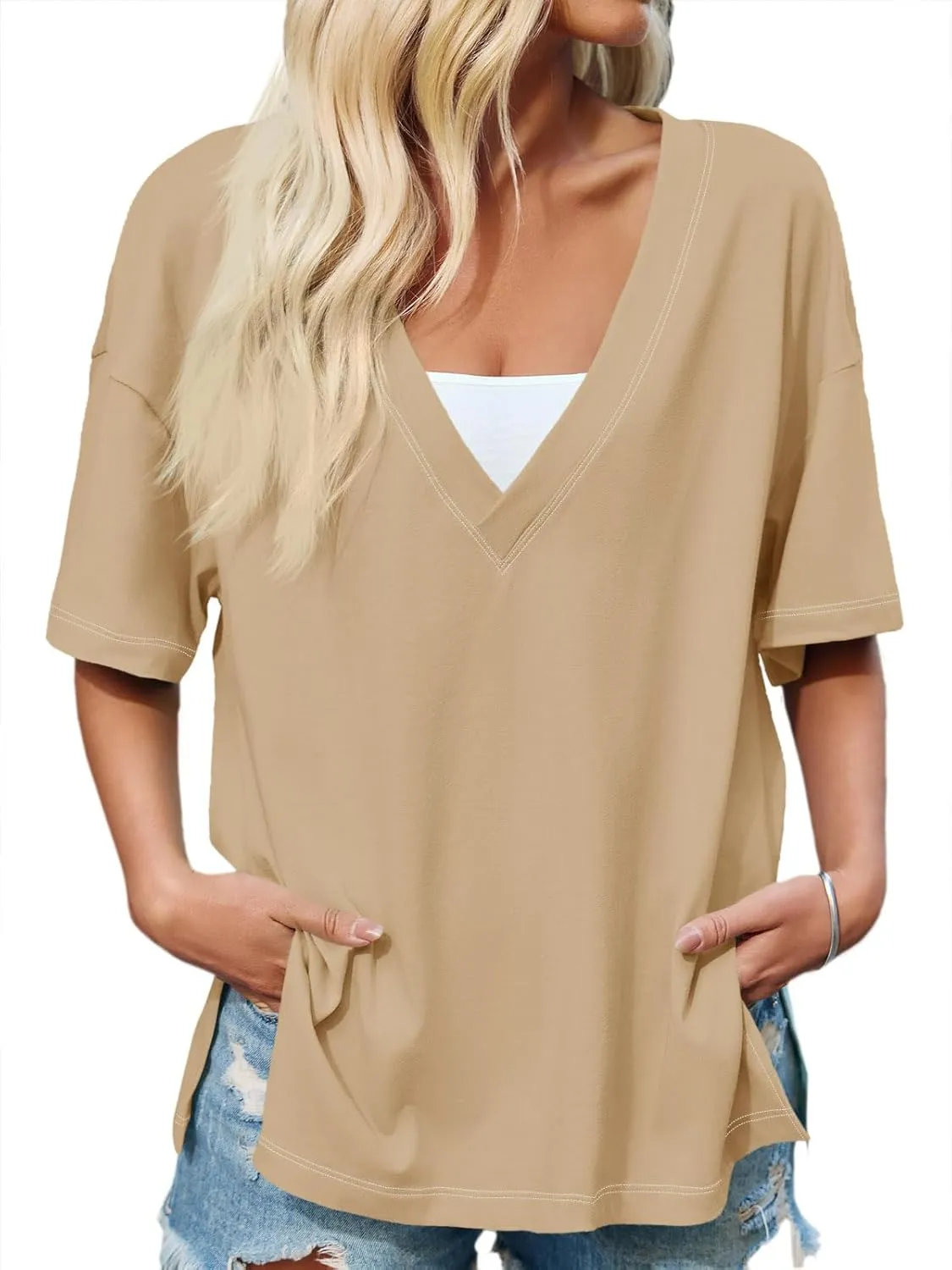 Tankaneo Womens Oversized Tshirts Deep V Neck Short Sleeve Tops Summer Casual Loose Fit Side Slit Tunic Shirts