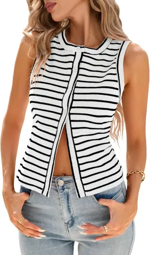 Tankaneo Womens Striped Trendy Vest Button Down Slim Fit Tank Tops Y2k Going Out Sleeveless Cropped T Shirts