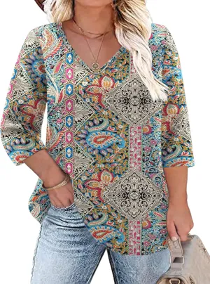 TFSDOD Womens Plus Size Tops V Neck T Shirts 3/4 Sleeve Blouse Summer Casual Tees XL-5X