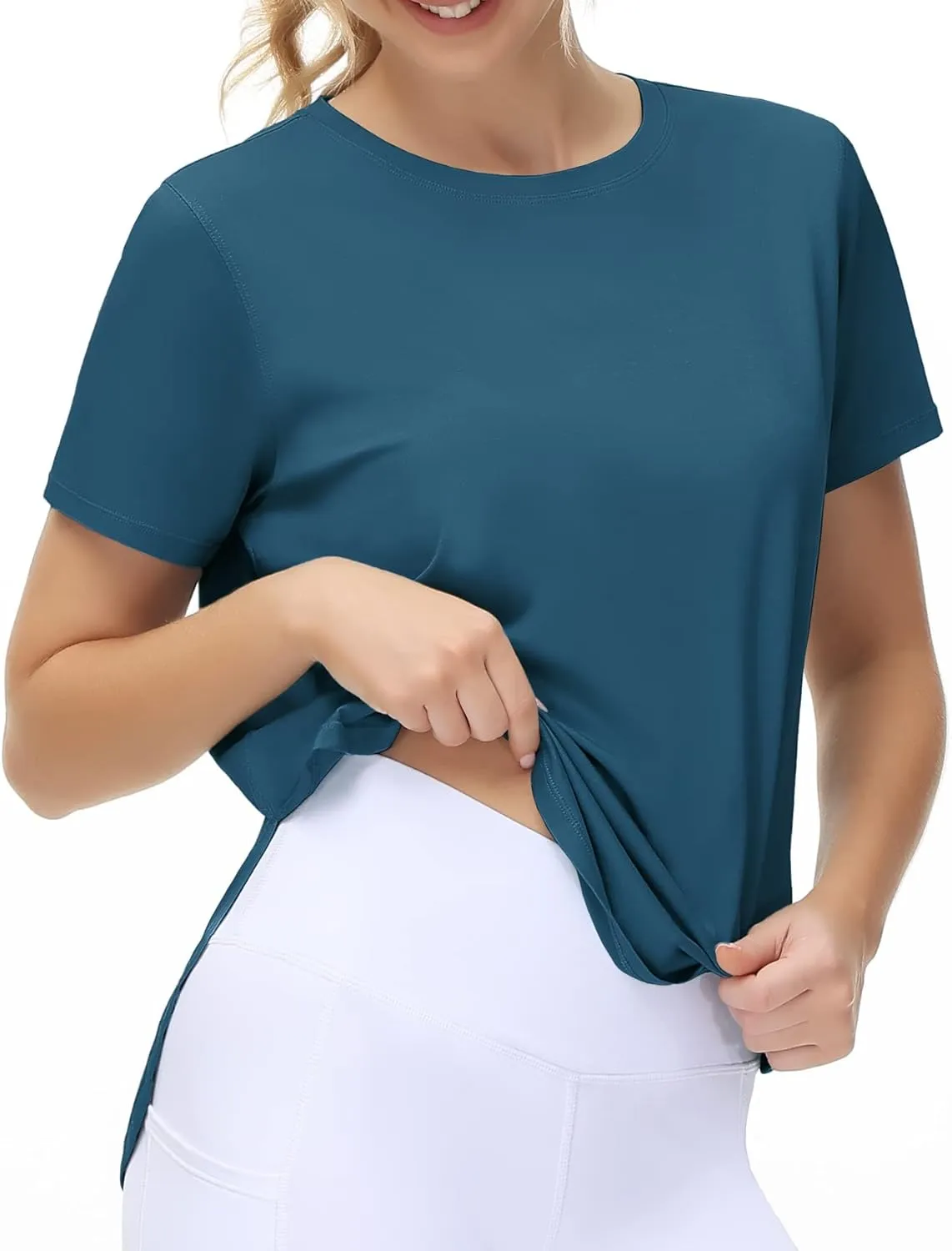 THE GYM PEOPLE Women's Workout T-Shirts Loose Fit Short Sleeve Cotton Running Basic Tee Tops with Split Hem