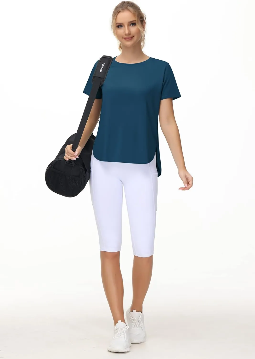THE GYM PEOPLE Women's Workout T-Shirts Loose Fit Short Sleeve Cotton Running Basic Tee Tops with Split Hem