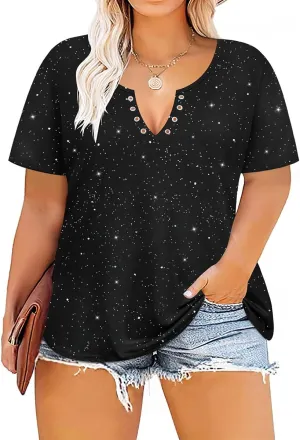 TIYOMI Plus Size T Shirt for Women Buttons Tops Short Sleeve Summer Sexy V-Neckline Shirts Solid/Tie Dye XL-5XL