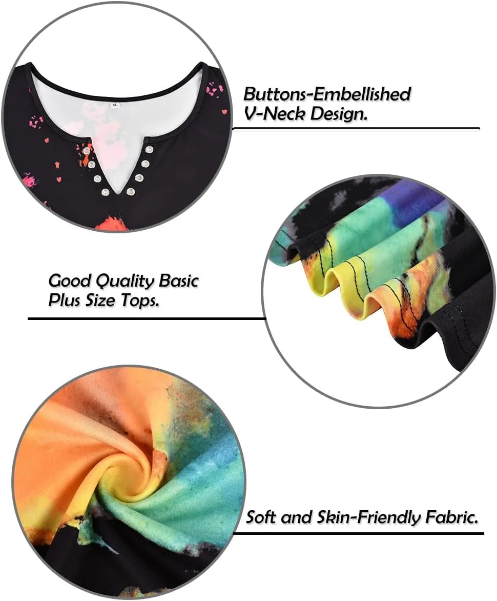 TIYOMI Plus Size T Shirt for Women Buttons Tops Short Sleeve Summer Sexy V-Neckline Shirts Solid/Tie Dye XL-5XL