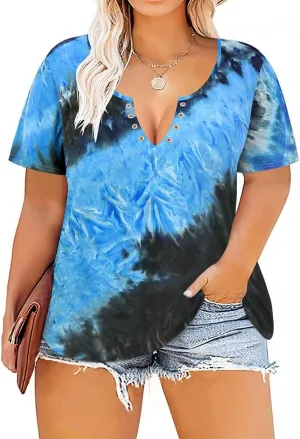 TIYOMI Plus Size T Shirt for Women Buttons Tops Short Sleeve Summer Sexy V-Neckline Shirts Solid/Tie Dye XL-5XL