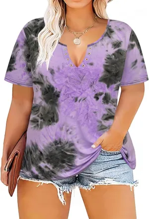 TIYOMI Plus Size T Shirt for Women Buttons Tops Short Sleeve Summer Sexy V-Neckline Shirts Solid/Tie Dye XL-5XL