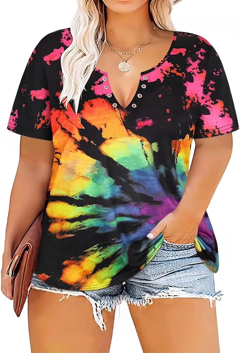 TIYOMI Plus Size T Shirt for Women Buttons Tops Short Sleeve Summer Sexy V-Neckline Shirts Solid/Tie Dye XL-5XL
