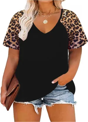 TIYOMI Plus Size Tops for Women Short Sleeve Color Block Raglan Sexy V Neck Shirts Tunic Spring Summer XL-5XL 14W-28W