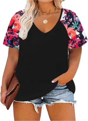 TIYOMI Plus Size Tops for Women Short Sleeve Color Block Raglan Sexy V Neck Shirts Tunic Spring Summer XL-5XL 14W-28W