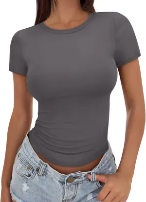 Trendy Queen Womens Basic T Shirts Summer Tops 2025 Crop Short Sleeve Slim Fit Tee Cute Gym Workout Clothes