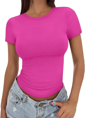 Trendy Queen Womens Basic T Shirts Summer Tops 2025 Crop Short Sleeve Slim Fit Tee Cute Gym Workout Clothes