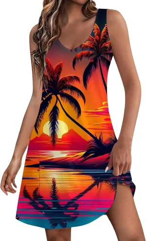 Vacation Dresses for Women 2024 Printed Dress Loose Sleeveless T-Shirts Dress Beach Boho Sundress with Pockets