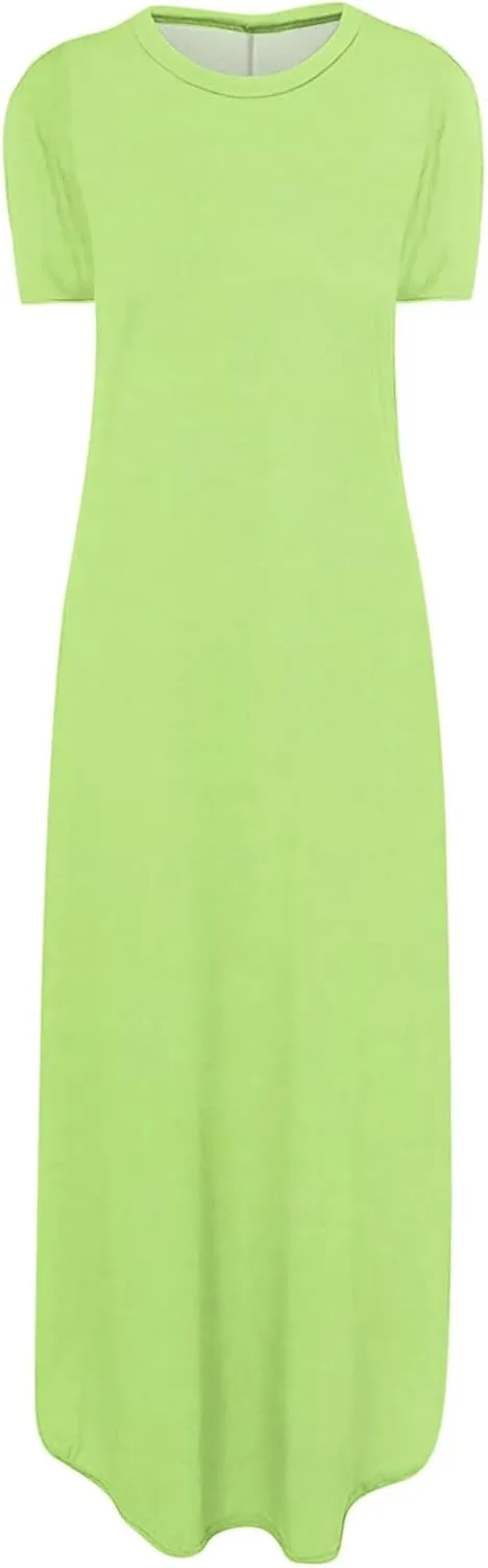 Vacation Dresses for Women 2024 Short Sleeve Maxi T-Shirts Dress Summer Loose Causal Beach Dress with Pockets