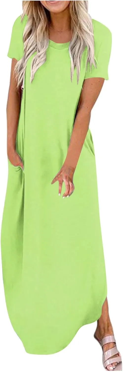 Vacation Dresses for Women 2024 Short Sleeve Maxi T-Shirts Dress Summer Loose Causal Beach Dress with Pockets