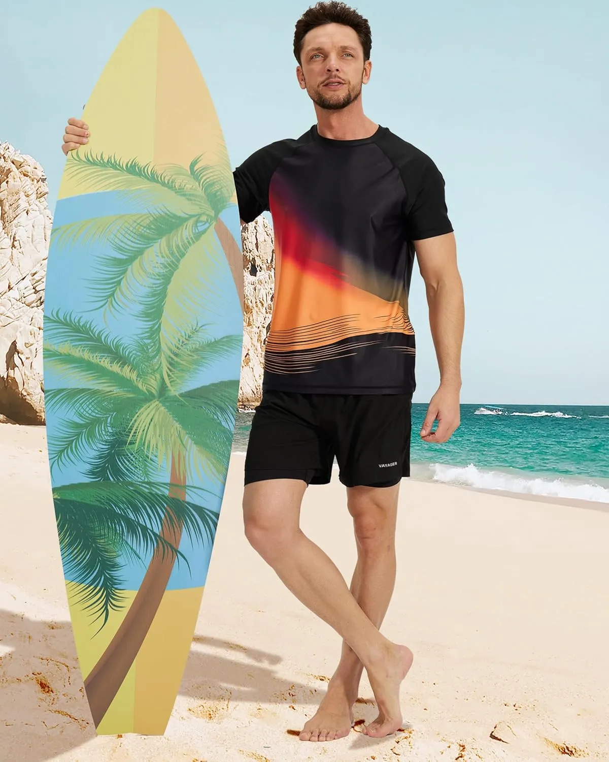 VAYAGER Men's Swim Shirt Short Sleeve UPF 50  Rash Guard Quick Dry Water Beach Sun Protection T Shirts