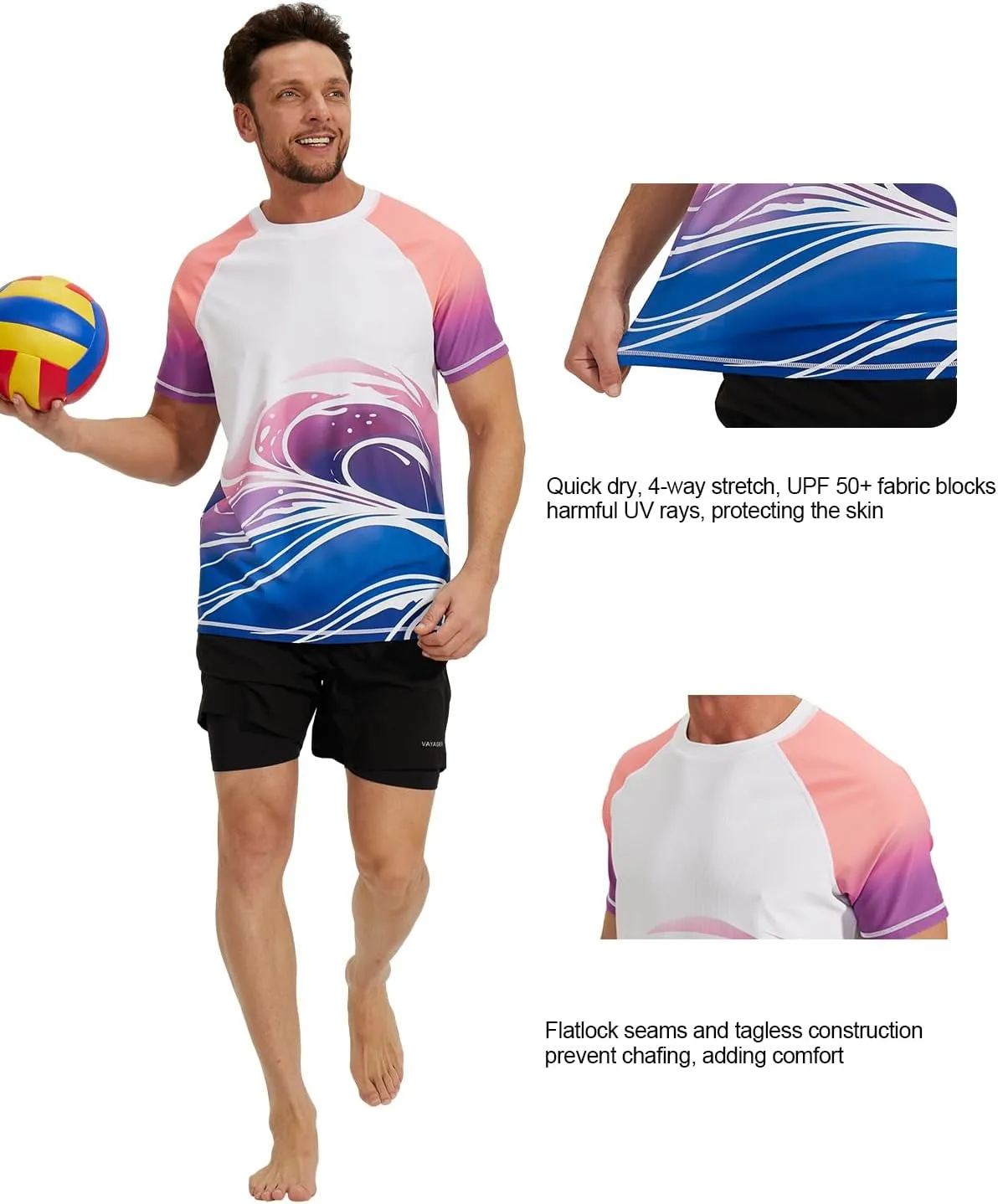 VAYAGER Men's Swim Shirt Short Sleeve UPF 50  Rash Guard Quick Dry Water Beach Sun Protection T Shirts