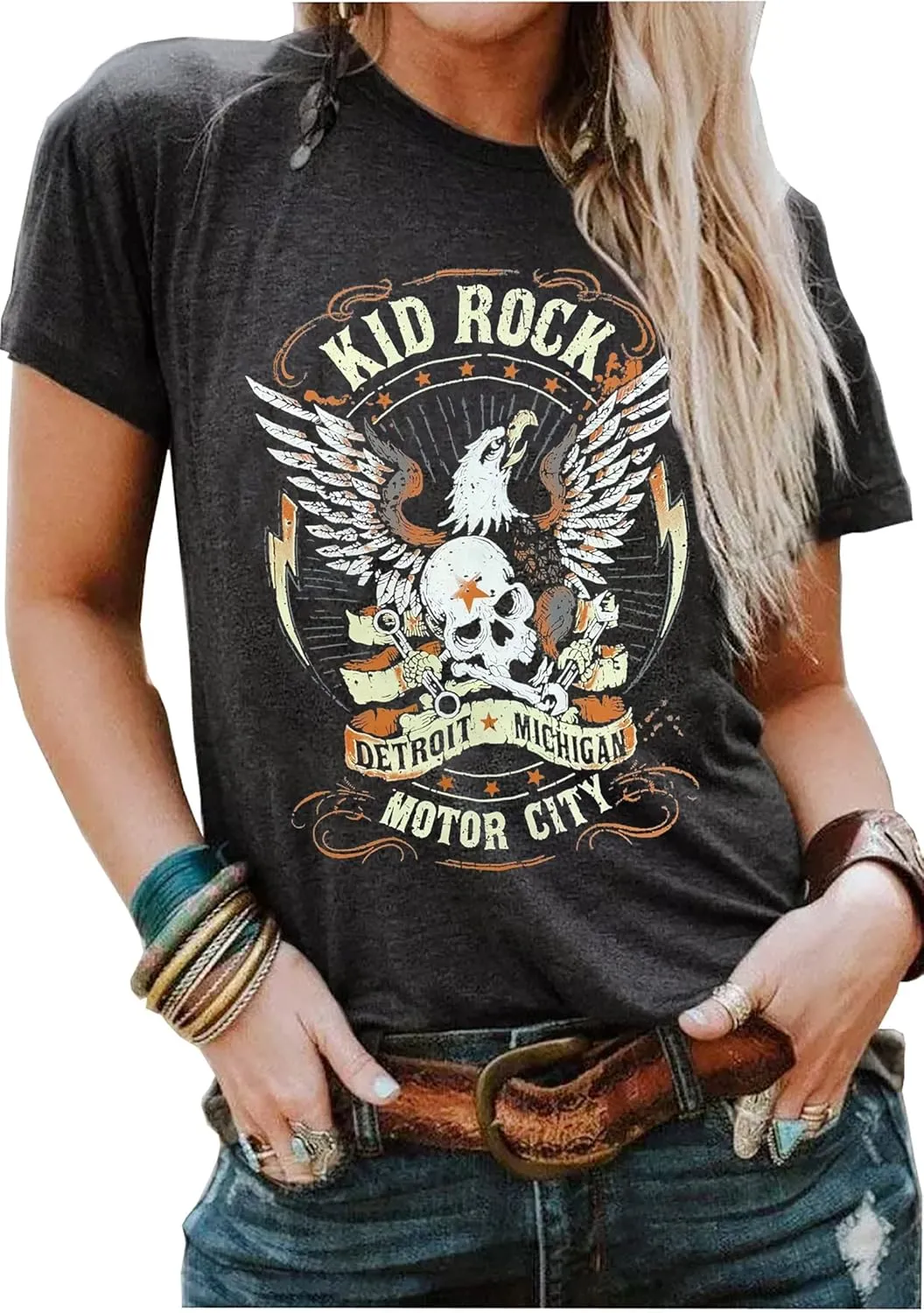 Vintage Rock Skeleton Eagle T Shirts for Women Casual Country Music Tshirts Funny Summer Rock Band Concert Shirt Top
