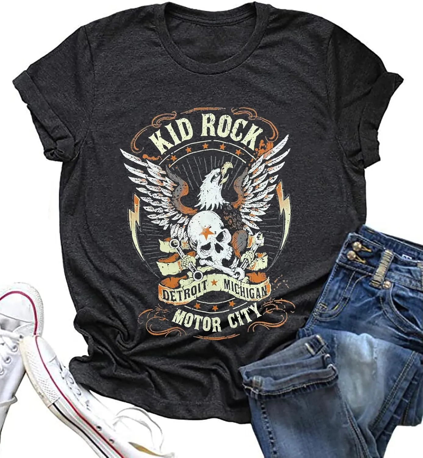 Vintage Rock Skeleton Eagle T Shirts for Women Casual Country Music Tshirts Funny Summer Rock Band Concert Shirt Top
