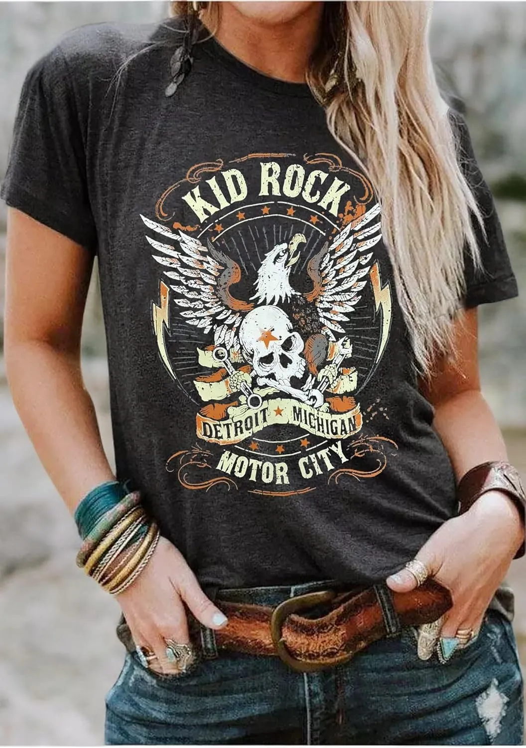Vintage Rock Skeleton Eagle T Shirts for Women Casual Country Music Tshirts Funny Summer Rock Band Concert Shirt Top