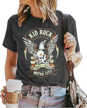 Vintage Rock Skeleton Eagle T Shirts for Women Casual Country Music Tshirts Funny Summer Rock Band Concert Shirt Top